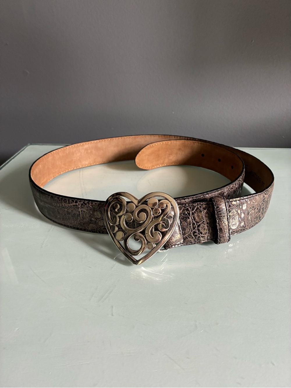 Silver Heart Buckle Belt With Distressed Metallic Leather Belt Strap Size 36